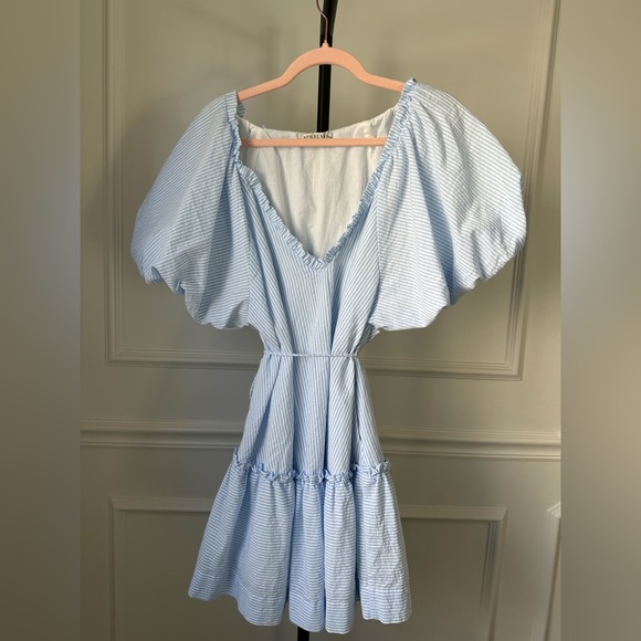 Mon Renn Dresses & Skirts - MON-RENN Australia Light Blue Striped Puff-Sleeve Midi Dress Size L